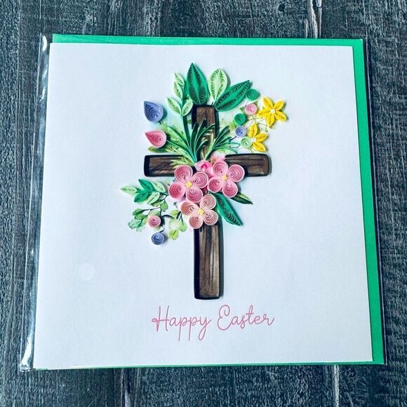 Happy Easter Quilling Art Cross Floral Greeting Card - Picture 1 of 2